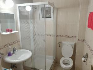 a bathroom with a shower and a toilet and a sink at Splendid studio apartment in Bečići +17 photos