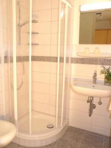 a bathroom with a shower and a sink at B & B Apartments Ortlerblick in Sluderno