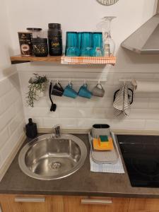 a kitchen counter with a sink in a kitchen at Krstić_lux apartman in Subotica