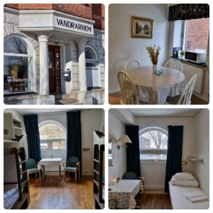 a collage of four pictures of a living room and dining room at Torget Vandrarhem in Kävlinge