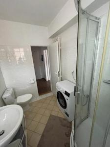 een badkamer met een douche, een toilet en een wastafel bij Apartmán Bedřichov, Špindlerův mlýn in Špindlerův Mlýn