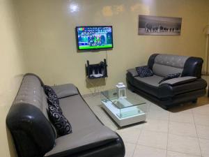 a living room with two leather couches and a tv at Maison d'Hôtes entière Cité Douane Golf Dakar in Dakar