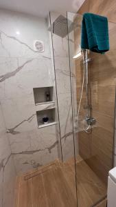 W łazience znajduje się prysznic ze szklanymi drzwiami. w obiekcie Charming Place Cotroceni w Bukareszcie