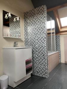 uma casa de banho com um lavatório e uma parede em azulejo em Au Refuge du Bois em Walhain-Saint-Paul