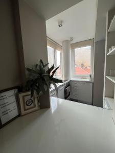 a kitchen with a large white counter and a window at DELUXE Apartment Newsky with terrace in Belgrade