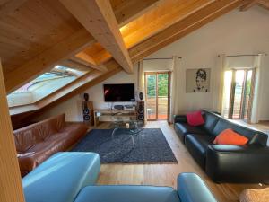 ein Wohnzimmer mit einem Ledersofa und einem TV in der Unterkunft Ferienwohnungen Reschenhof in Rosenheim