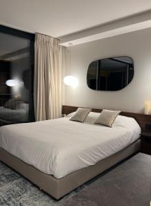 um quarto com uma cama grande e um espelho em Palm croisette front de mer1 em Cannes