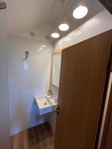 baño con lavabo y puerta con espejo en Cesargradska klet, en Tuhelj