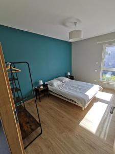 a bedroom with a bed and a blue wall at Maison moderne et accueillante in Mackenheim