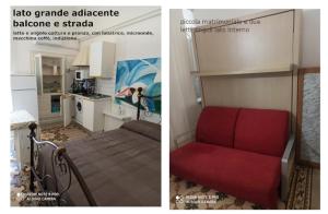 two pictures of a kitchen and a living room with a red couch at bianco 900 in Polignano a Mare +7 photos