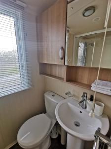 a bathroom with a toilet and a sink and a mirror at Beautiful caravan near Edinburgh nr 14 in Port Seton