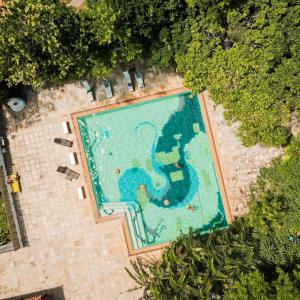 uma vista sobre uma piscina com cadeiras e árvores em The Eco Palace Hostel em Búzios