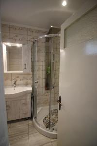 W łazience znajduje się prysznic i umywalka. w obiekcie Niky's cottage w mieście Paleokastritsa