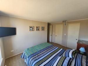 a bedroom with a bed and a flat screen tv at Departamento Laguna Vista Marina in Algarrobo +5 photos
