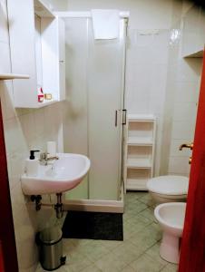 La salle de bains est pourvue d'un lavabo et de toilettes. dans l'établissement Apartement NICKY, à Florence