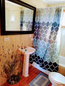 baño con lavabo y cortina de ducha en Cabañas Bosquemar 1 en Queilén
