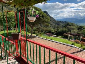 a red balcony with a pot of flowers on it at Hotel Cerro Fuerte in Sopó