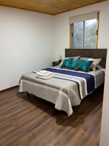 1 dormitorio con 1 cama grande con almohadas verdes en Hostería Estelita, en Panimávida