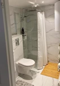 uma casa de banho com um WC e um chuveiro em Casa Annie & Nadja - Toppmodernt centralt i Borgholm em Borgholm
