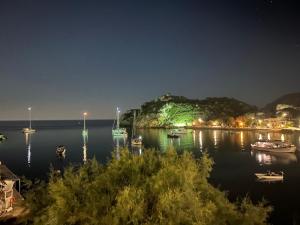 a harbor at night with boats in the water at MASTIHA SeaSide Emporios Apartments in Emporeiós