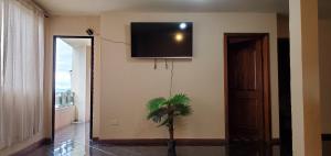 una habitación con TV en la pared con una planta en Departamento en Cuenca, 3 Habitaciones y parqueo gratis, en Cuenca