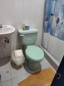 La salle de bains est pourvue de toilettes bleues et d'un lavabo. dans l'établissement Mí oficina, à Puerto Ayora