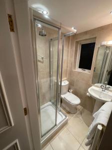 a bathroom with a shower and a toilet and a sink at The Portaferry Hotel in Portaferry +44 photos