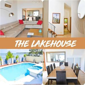 eine Collage mit Bildern eines Wohnzimmers und einer Villa in der Unterkunft Lakeside Luxury in Gorokan