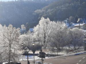 una calle cubierta de nieve con árboles y una montaña en FeWo An der Bruecke, en Solnhofen