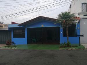 a blue house with a palm tree in front of it at Apartamento Sol Azul a 3 min del Aeropuerto SJO in Alajuela City