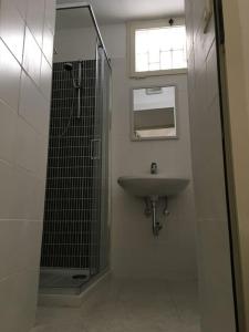 La salle de bains est pourvue d'un lavabo et d'une douche en verre. dans l'établissement Medieval terraced house in Vieste Vecchia, à Vieste