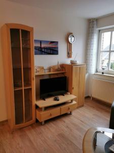 a living room with a tv and a entertainment center at Haus Jodokus, Whg Professor Paljass in Kellenhusen