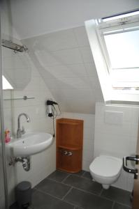een badkamer met een wastafel, een toilet en een dakraam bij Haus Jodokus, Whg Professor Paljass in Kellenhusen