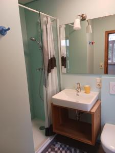 a bathroom with a sink and a shower at Gasthaus Wilhelmshöhe in Wasserburg am Bodensee