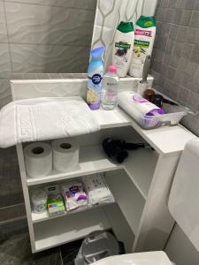 a bathroom shelf with toilet paper and other toiletries at EDA apartment in Bistriţa