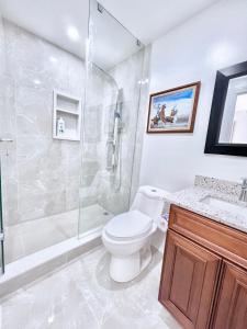 a bathroom with a shower and a toilet and a sink at Luxurious Renovated Rooms in Central Vaughan in Vaughan