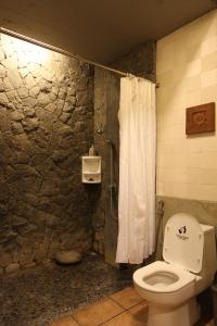 a bathroom with a toilet and a stone wall at Rumah Batu Boutique Hotel in Solo