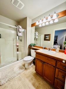 e bagno con servizi igienici, doccia e lavandino. di Lucy’s Elegant & Cozy House a Sammamish