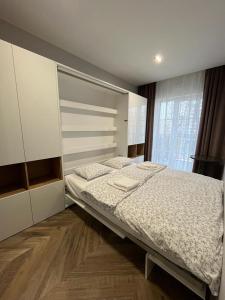um quarto com 2 camas e uma grande janela em Luksus w samym centrum em Breslávia
