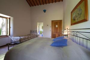 a bedroom with a large bed with blue pillows at Agriturismo PEDROSOLA in Brisighella