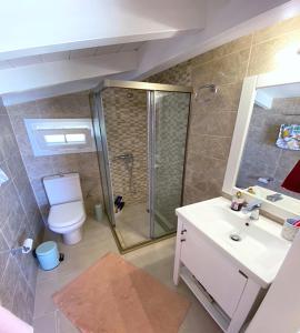 a bathroom with a shower and a toilet and a sink at Beachfront Loft Apartment - Agios Gordios, Corfu in Agios Gordios