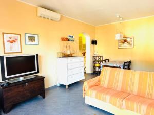 Una sala de estar con un sofá y un televisor de pantalla plana. en Casa Delfina, en Tellaro