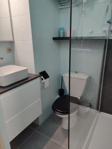uma casa de banho com um WC e uma cabina de duche em vidro. em Appartement résidence Acapulco vue panoramique port Argeles sur mer em Argelès-sur-Mer