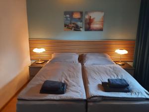 two twin beds in a bedroom with two lamps at Appartmenthaus Panoramic in Malente