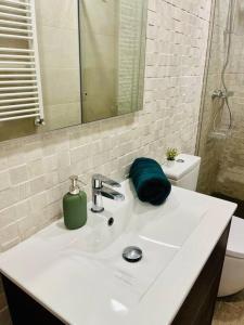 um lavatório de casa de banho com um dispensador de sabão verde em Villa Mercedes em Toledo