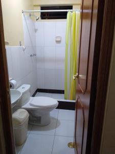 a small bathroom with a toilet and a shower at Hostal Casa del Montañista in Huaraz