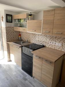 a kitchen with wooden cabinets and a sink at Agapé Mini Stúdió in Balatonalmádi