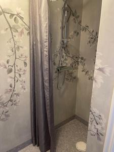 a shower in a bathroom with a shower curtain at Carina & Peters Place in Kristdala