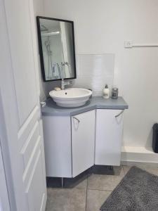 a white bathroom with a sink and a mirror at The Grey studio in Saint-Michel-sur-Orge +17 photos