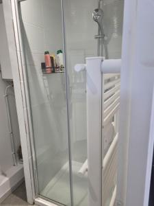 La salle de bains est pourvue d'une douche avec une porte en verre. dans l'établissement The Grey studio, à Saint-Michel-sur-Orge